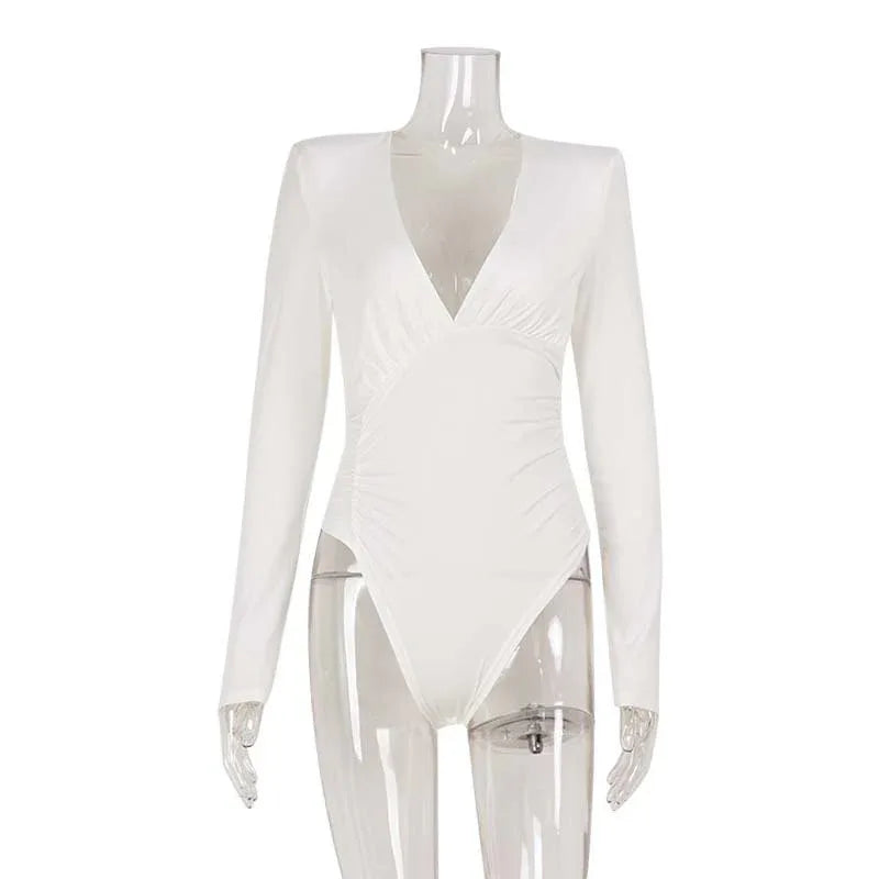 Solid Color High-end Deep V Long-sleeve Padded Shoulder High-elastic Skin-tight Slimming Bodysuit - Gizmo Galaxy