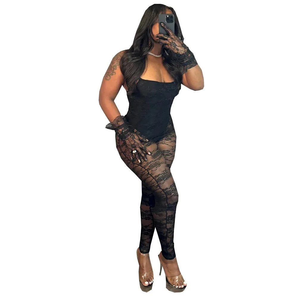 Sexy Women Clothing Sling Style Stitching Sheer Cutout High Elasticity Jumpsuit - Gizmo Galaxy
