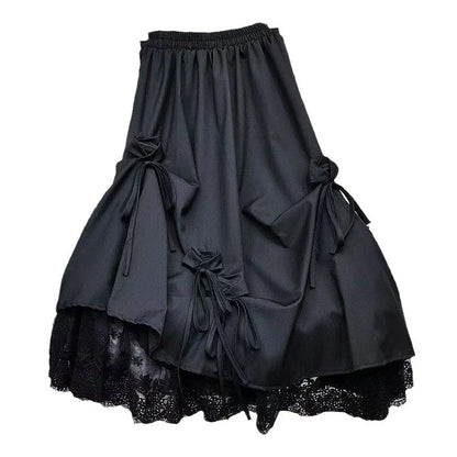 High-waisted Bow Heavy Work Spliced Lace A-line Midi Skirt - Gizmo Galaxy