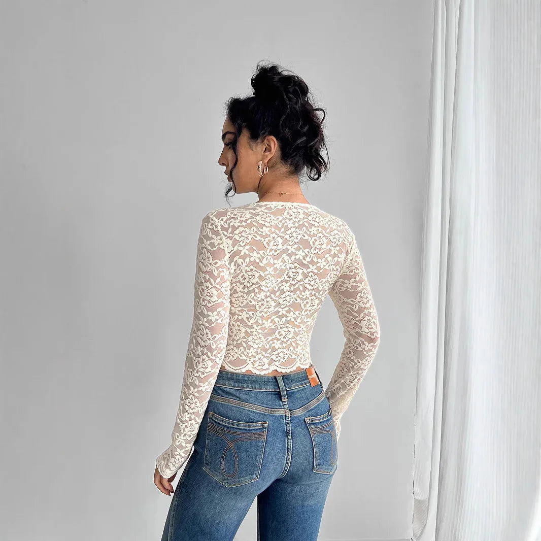 Solid Color Sexy Lace V-neck Long Sleeve T-shirt - Gizmo Galaxy