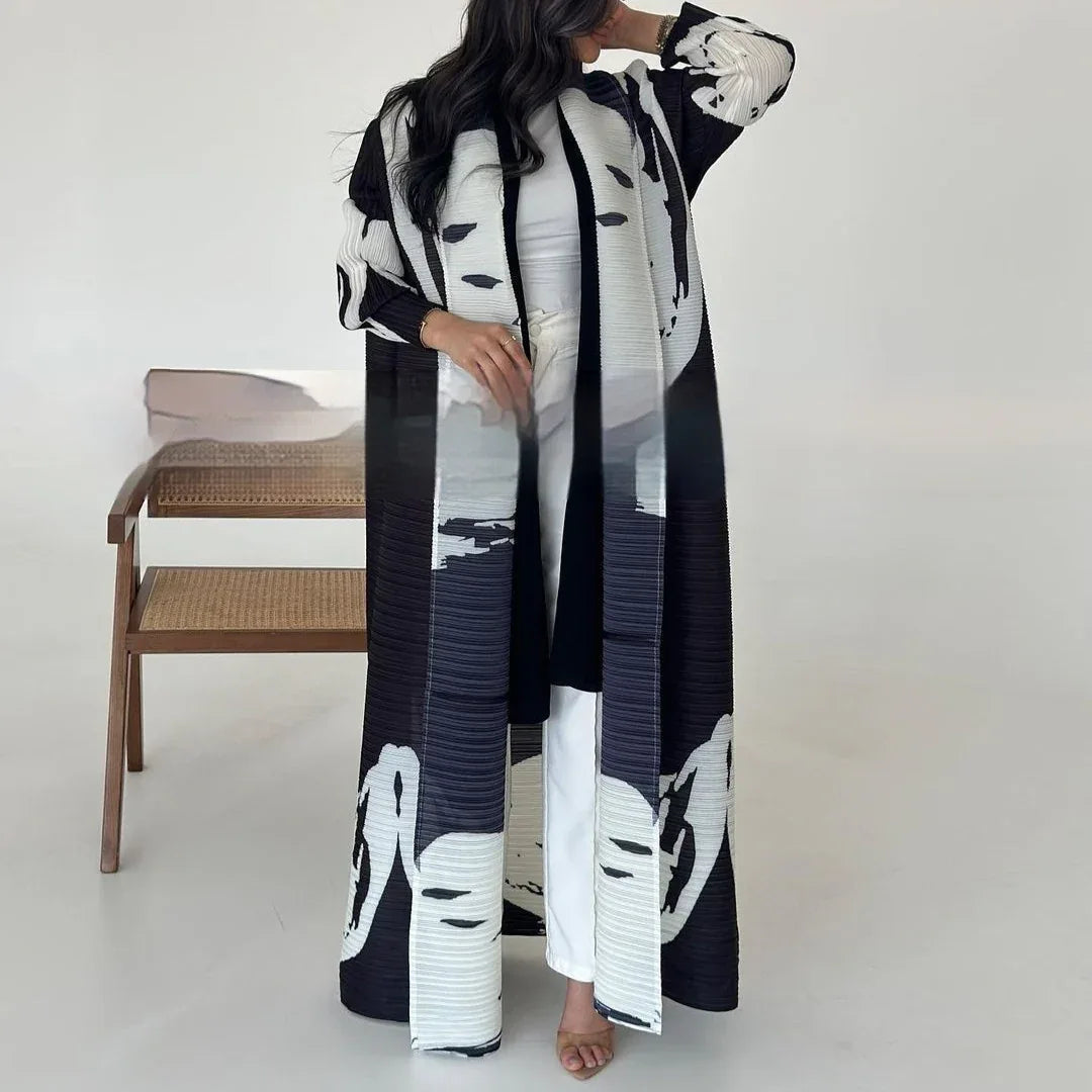 Pleated Trench Djellaba Hot-selling Printed Shawl Cardigan Ethnic Style Cloak Coat - Gizmo Galaxy