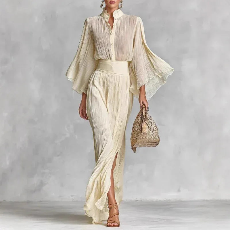 Pleated Wide-sleeve Shirt And Maxi Skirt Two-piece Women's Set - Gizmo Galaxy