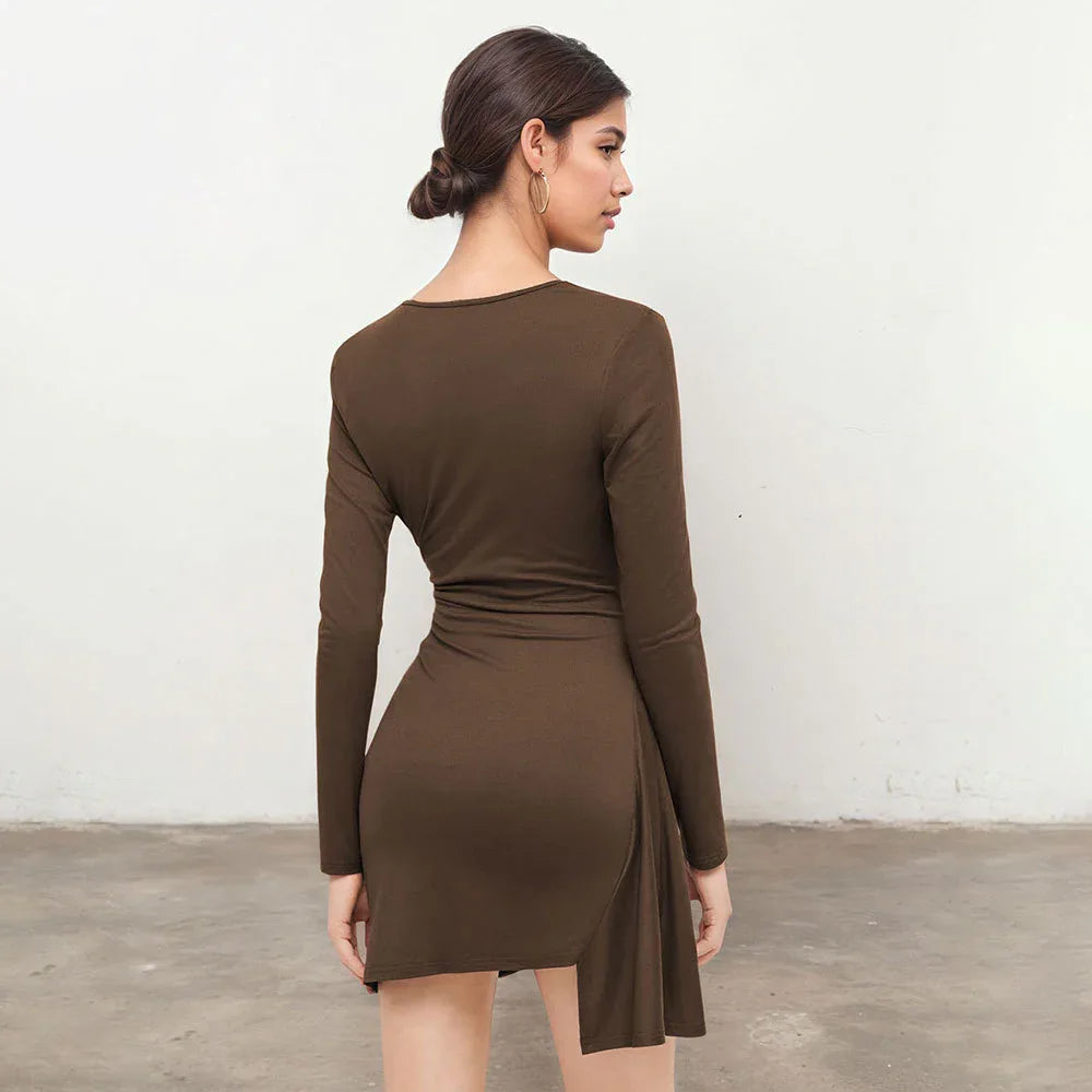 Designer-style Pleated Slim-fit Dress For Women Autumnwinter Deep Brown V-neck Long-sleeve Sheath Skirt With A Slit - Gizmo Galaxy