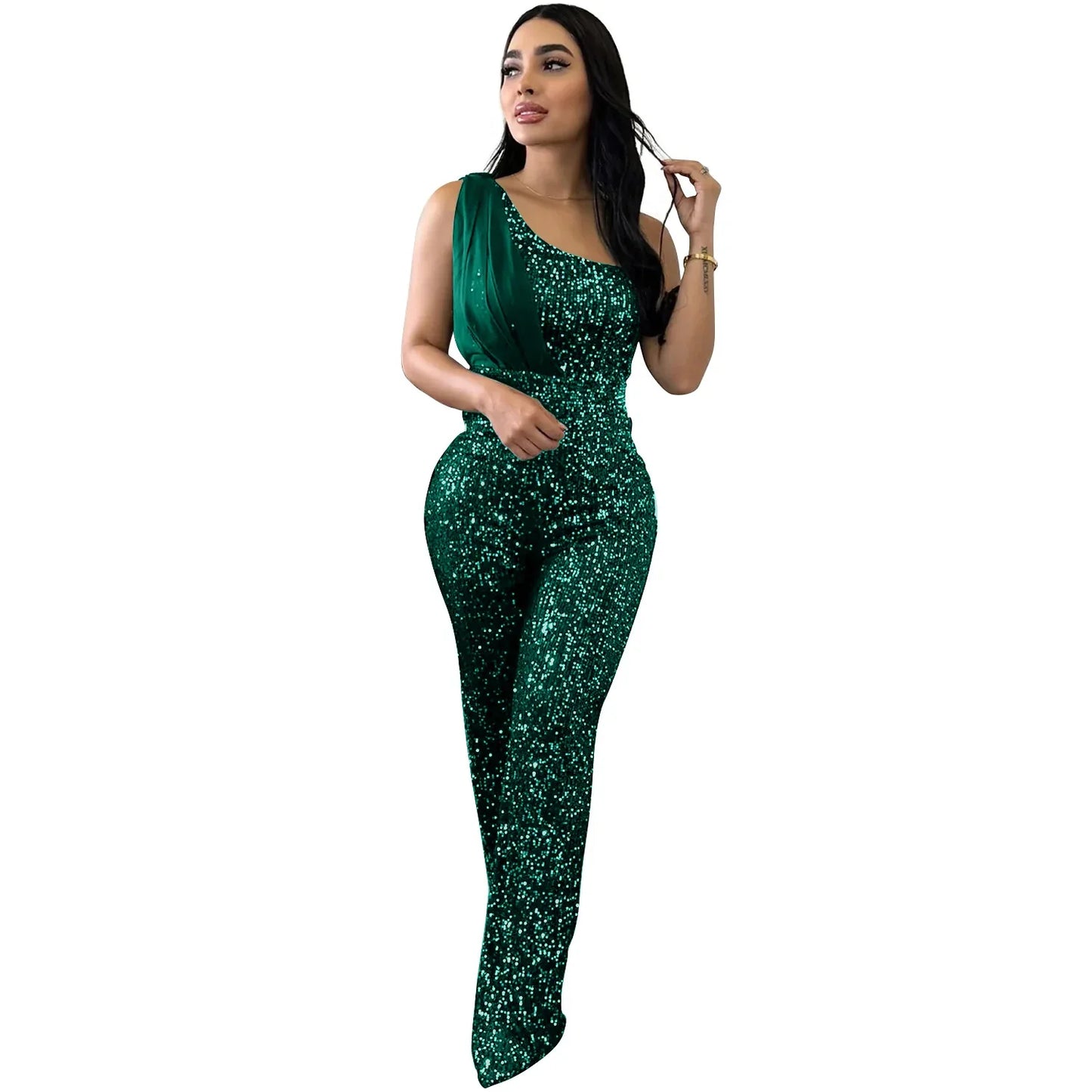 Women's Solid Color Sleeveless One-shoulder Sequined Trousers Jumpsuit - Gizmo Galaxy