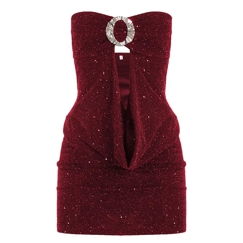 Sexy Sequined Tube Top Hollow-out Pleated Elegant Dress - Gizmo Galaxy