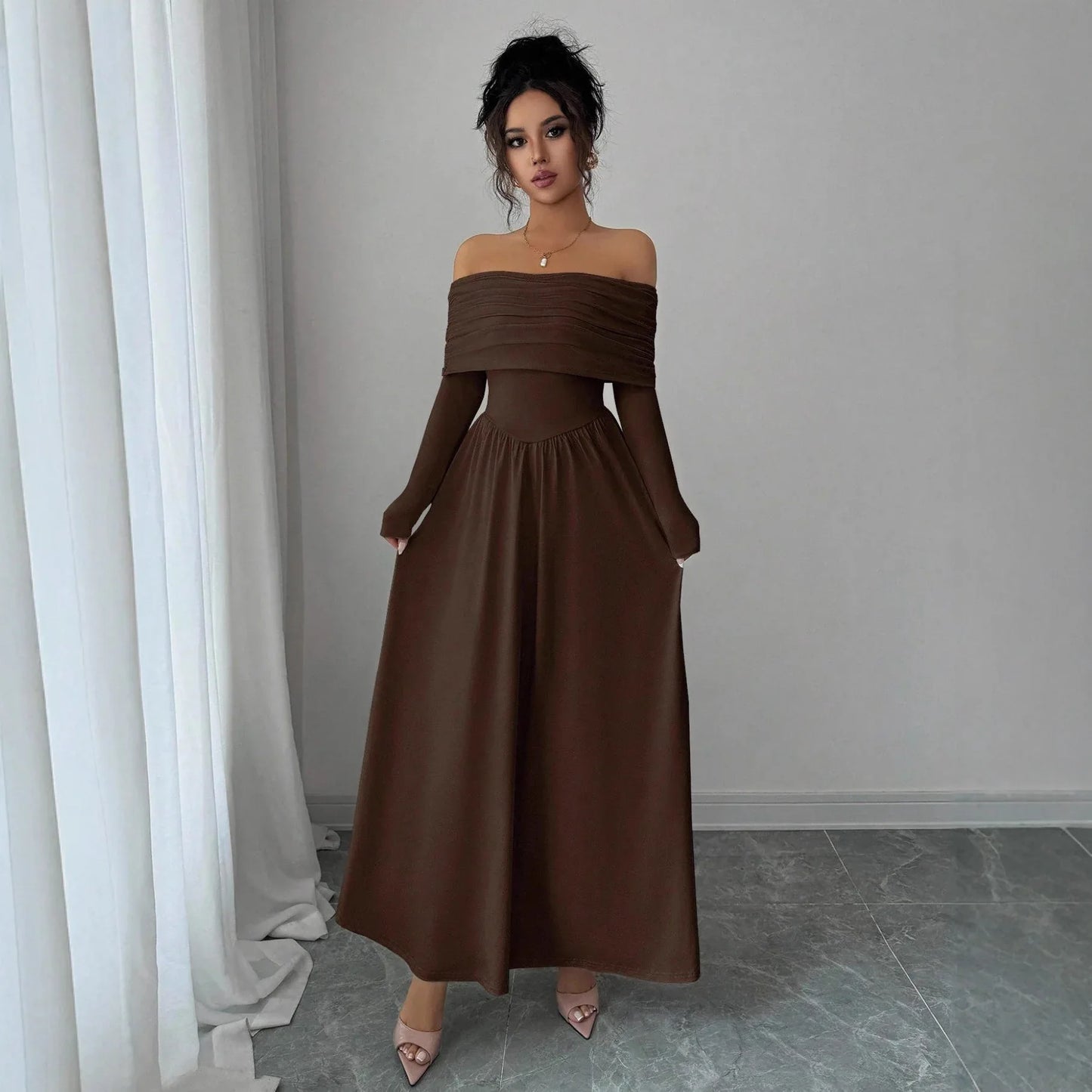 Women's Solid-Color French-Style Off-the-Shoulder Knitted Dress - Gizmo Galaxy