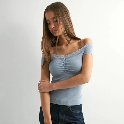 Solid Color Sleeveless Off-neck Lace Top - Gizmo Galaxy