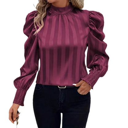 Solid Color Stand-up Collar Long Sleeve Shirt Women - Gizmo Galaxy