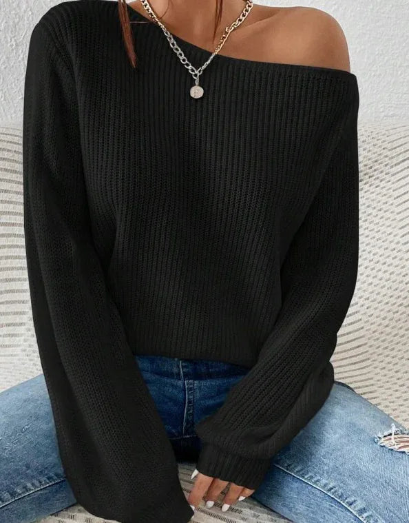 Solid Ribbed Knit Asymmetrical Shoulder Sweater,Long Sleeve Tops - Gizmo Galaxy