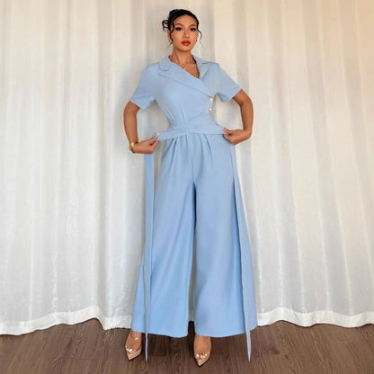 Women's Blue Off-shoulder Belted Slim-fit Jumpsuit - Gizmo Galaxy
