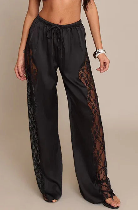 Fashionable Solid Color Sexy Satin Lace Loose Floor Length Pants - Gizmo Galaxy