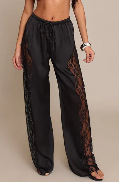 Fashionable Solid Color Sexy Satin Lace Loose Floor Length Pants - Gizmo Galaxy