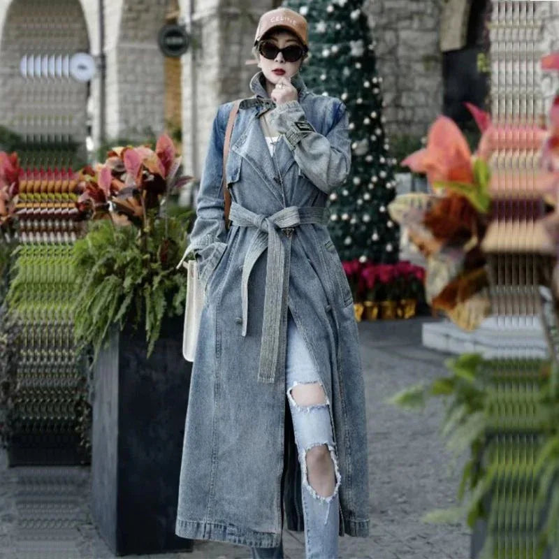 Personality Retro Long Denim Trench Coat - Gizmo Galaxy