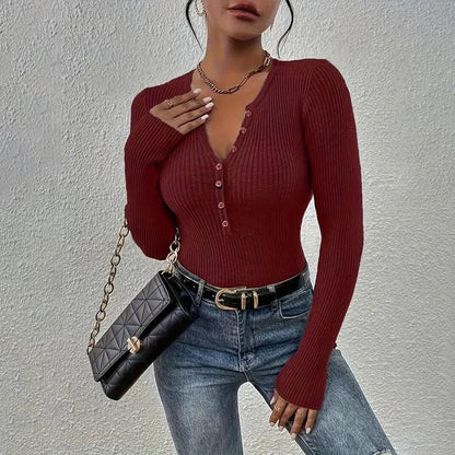 Women's Elegant V-Neck Button Detail Knit Sweater - Long Sleeve Solid Color Casual Pullover For Fall&SpringTop - Gizmo Galaxy