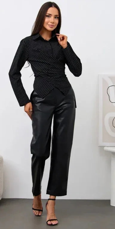 Women's Designer-style Shirt With A Turn-down Collar Slanted Front Placket And A Fitted Waist - Gizmo Galaxy