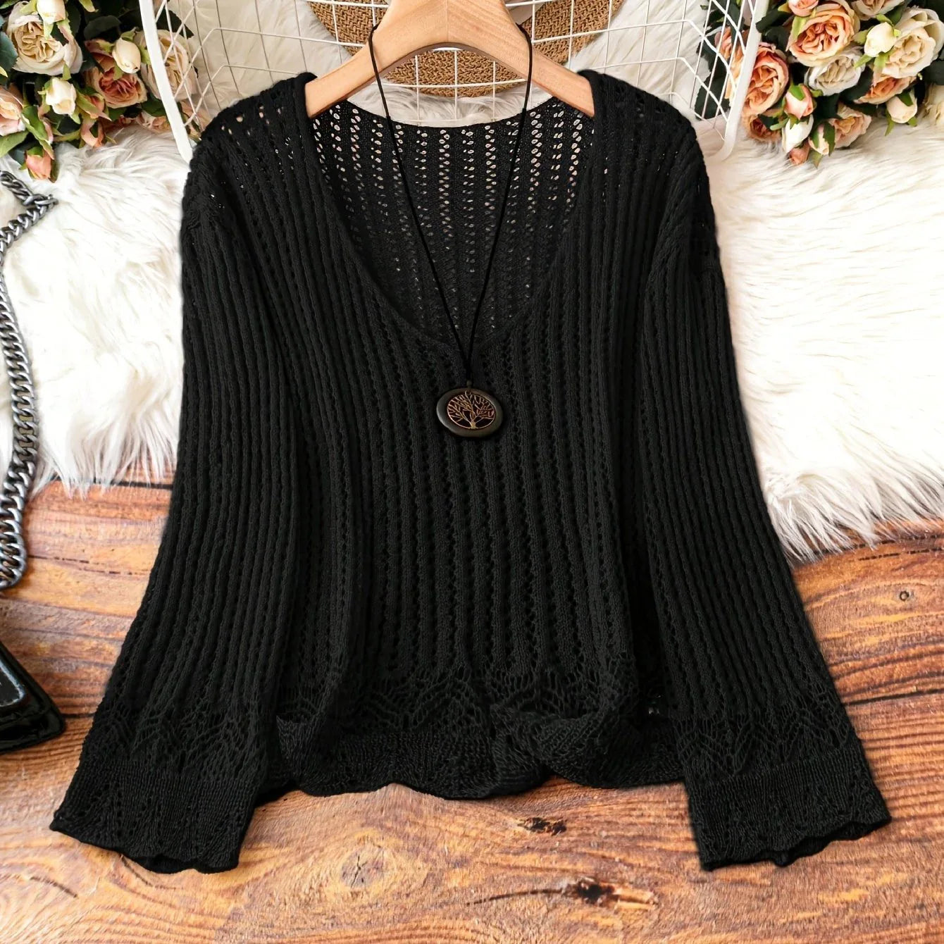 Hollow-out Spring And Summer Long Sleeves Knitted V-neck Plus Size Women's Long-sleeved Sweater - Gizmo Galaxy