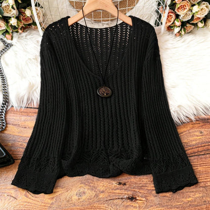 Hollow-out Spring And Summer Long Sleeves Knitted V-neck Plus Size Women's Long-sleeved Sweater - Gizmo Galaxy