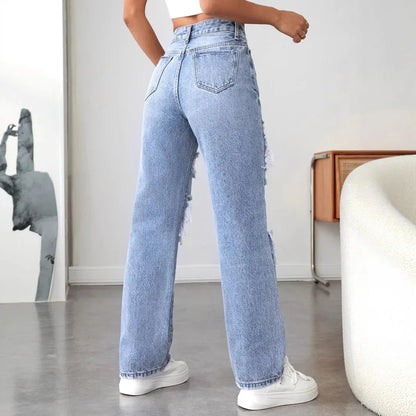 Ripped Straight Denim Women's Loose Trousers - Gizmo Galaxy