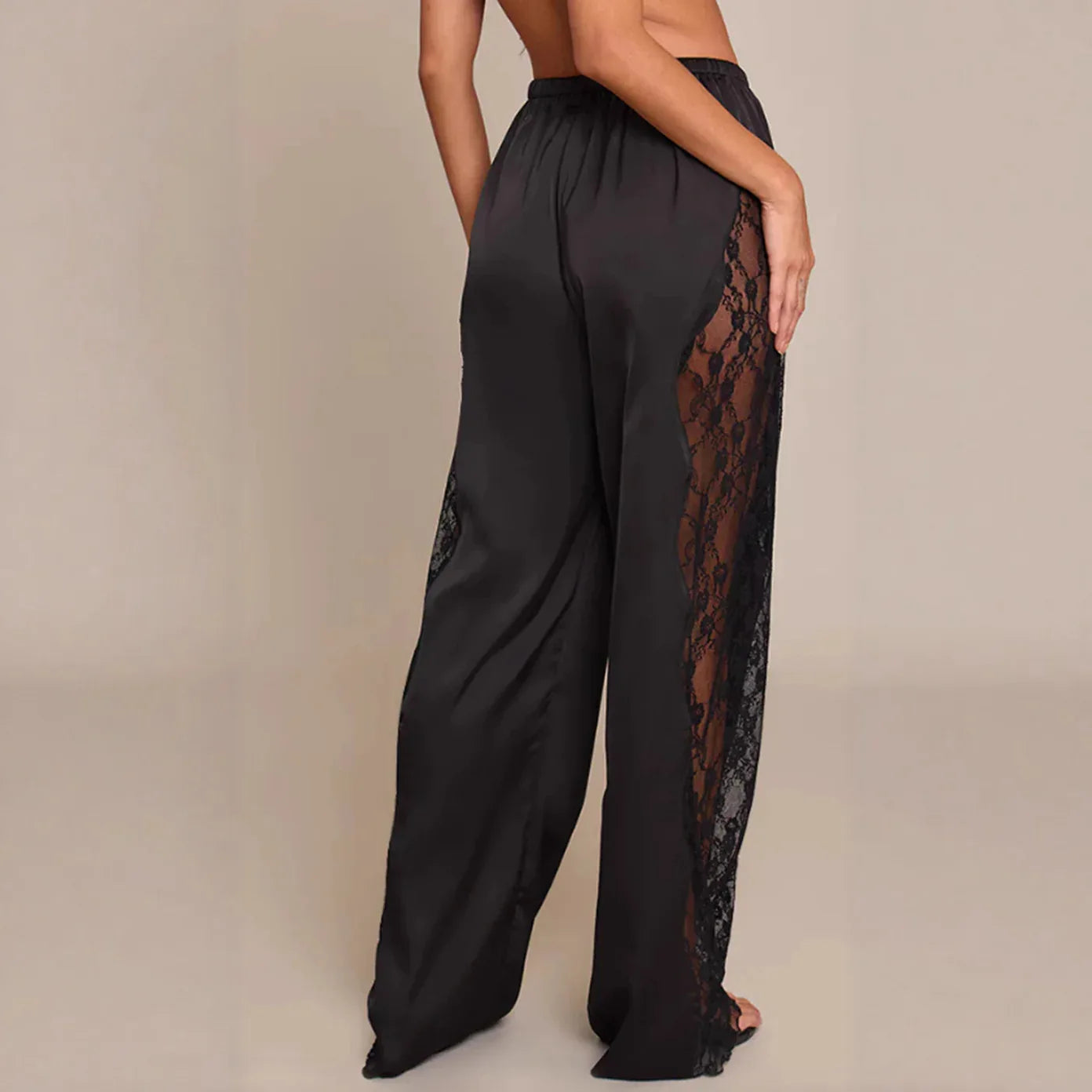 Fashionable Solid Color Sexy Satin Lace Loose Floor Length Pants - Gizmo Galaxy