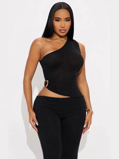 Fashionable Solid-Color Slim-Fit Asymmetrical-Neck Tops And Pants Set That Flatters Your Figure - Gizmo Galaxy