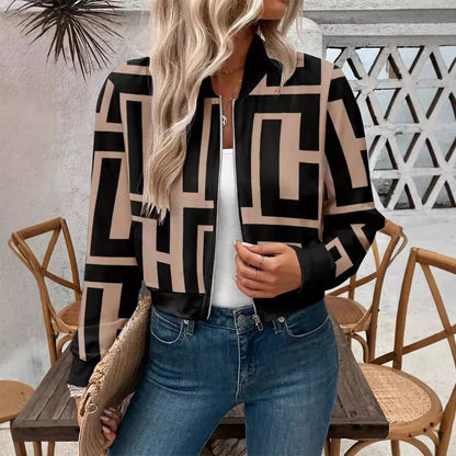 Women's Zipper Geometric Print Casual Long-sleeved Jacket - Gizmo Galaxy