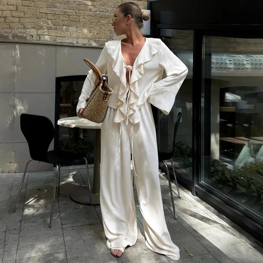 V-neck Ruffled Long-sleeve Shirt And High-waist Wide-leg Pants Two-piece Set - Gizmo Galaxy