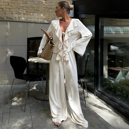 V-neck Ruffled Long-sleeve Shirt And High-waist Wide-leg Pants Two-piece Set - Gizmo Galaxy
