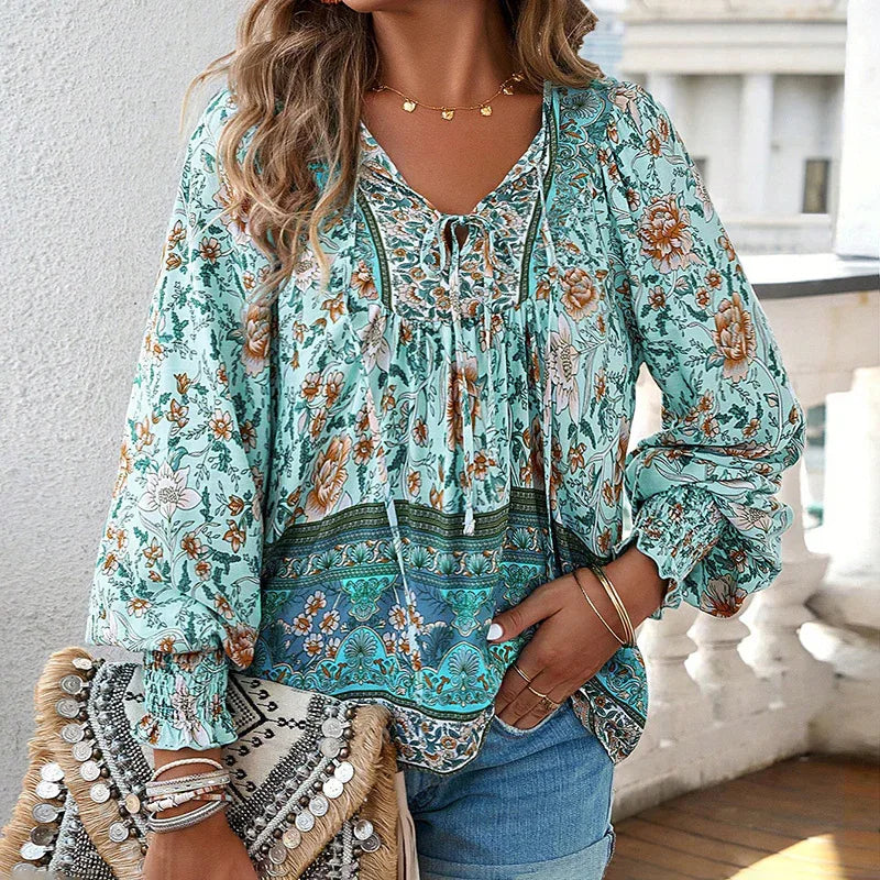 Wpmens Boho Chic Long Sleeve Blouse Floral Print V-Neck Top With Lace-Up & Drawstring Detail Elegant Vacation Shirt - Gizmo Galaxy