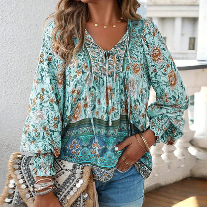 Wpmens Boho Chic Long Sleeve Blouse Floral Print V-Neck Top With Lace-Up & Drawstring Detail Elegant Vacation Shirt - Gizmo Galaxy