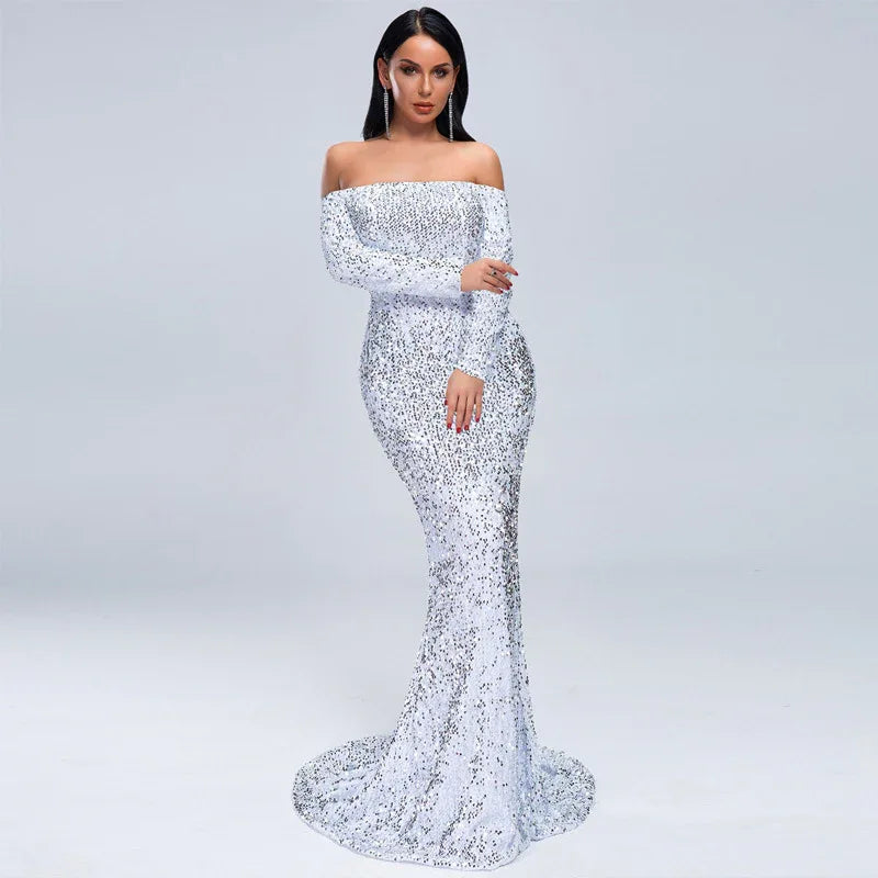 Sexy Strapless Long Sleeve Sequins Party Evening Dress - Gizmo Galaxy
