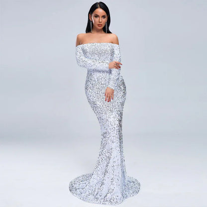 Sexy Strapless Long Sleeve Sequins Party Evening Dress - Gizmo Galaxy
