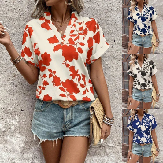 Big Floral Print V-neck Batwing Sleeve Leisure Loose Shirt - Gizmo Galaxy