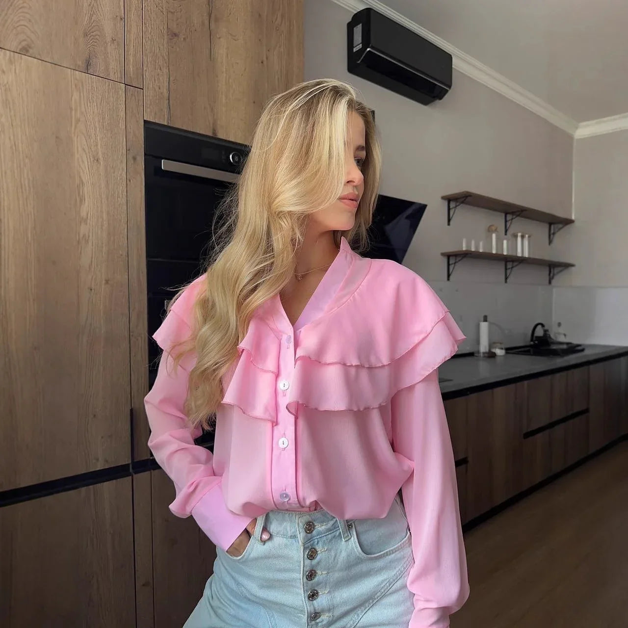 Casual Lotus Leaf V-neck Chiffon Women Temperament Shirt - Gizmo Galaxy