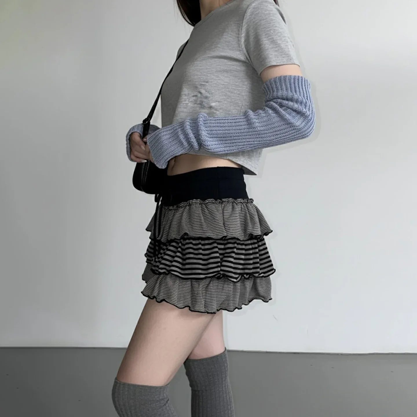 Contrast-color Striped Figure-flattering Layered Ruffle Cake Skirt - Gizmo Galaxy