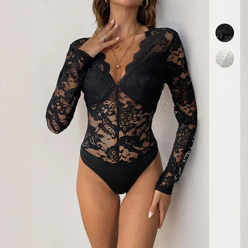 Sexy Elegant Graceful Solid Color Long Sleeve Lace Jumpsuit - Gizmo Galaxy