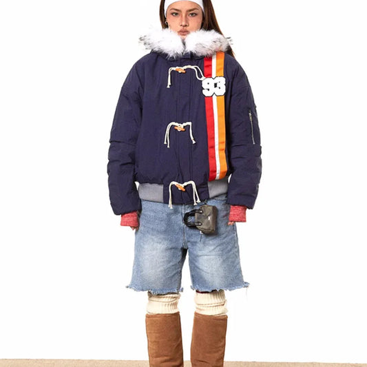 Horn Button Ribbon Short Fur Collar Cotton Coat - Gizmo Galaxy