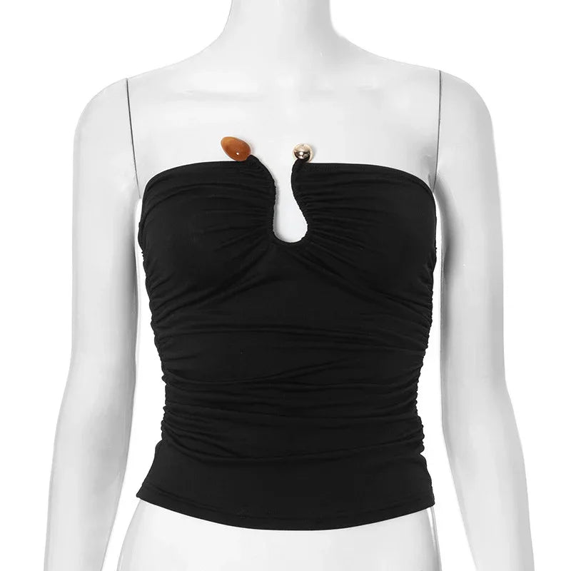 Solid Color Chest-wrapped Backless Pleated Agate T-shirt - Gizmo Galaxy