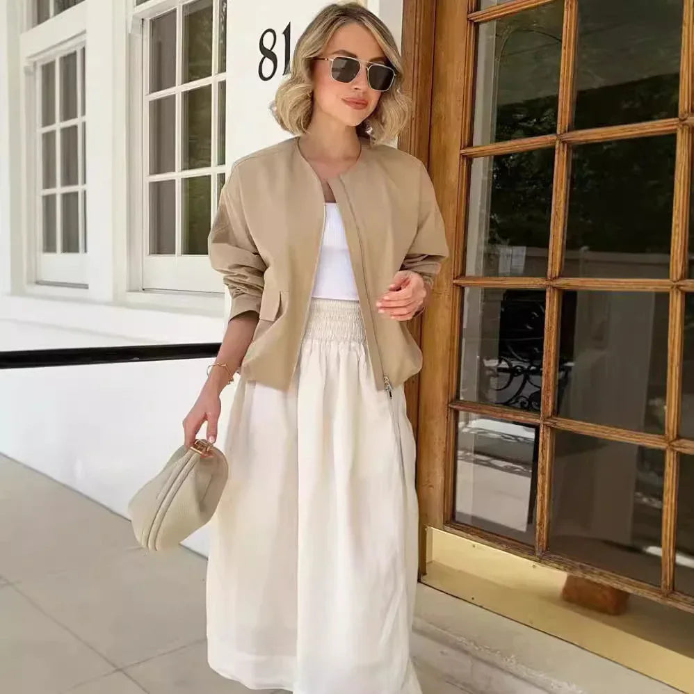 Zipped Round Neck Cargo Pocket Baggy Coat Women - Gizmo Galaxy