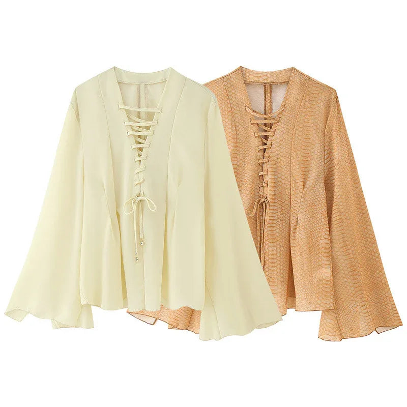 Solid Color Wide Sleeve Lace-up Decorative Chiffon Top - Gizmo Galaxy