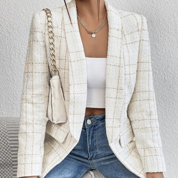 Ladies' Solid Color Linen Fake Pocket Design Fashionable Suit Jacket - Gizmo Galaxy