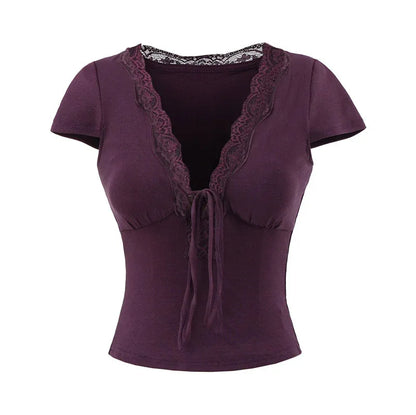European And American Style Slim Chest Pad Lace V-neck Short Sleeve - Gizmo Galaxy
