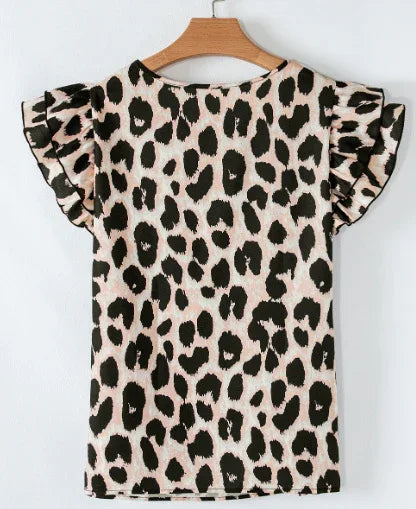 Khaki Leopard Print Layered Ruffled Short Sleeve Blouse - Gizmo Galaxy