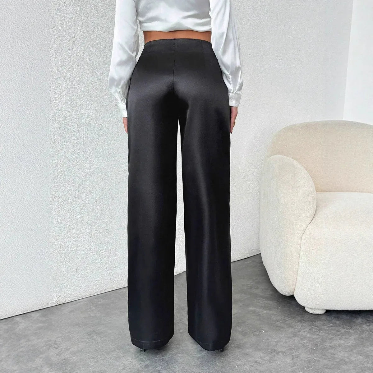 Women's Solid-Colored Casual Loose Satin Wide-Leg Pants - Gizmo Galaxy