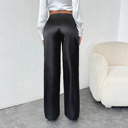 Women's Solid-Colored Casual Loose Satin Wide-Leg Pants - Gizmo Galaxy