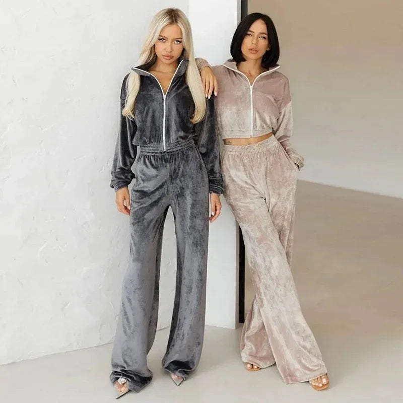 Fashion Women's Long-sleeve Lapel Zip-up Cardigan Hoodie Fleece Sweater Trousers - Gizmo Galaxy