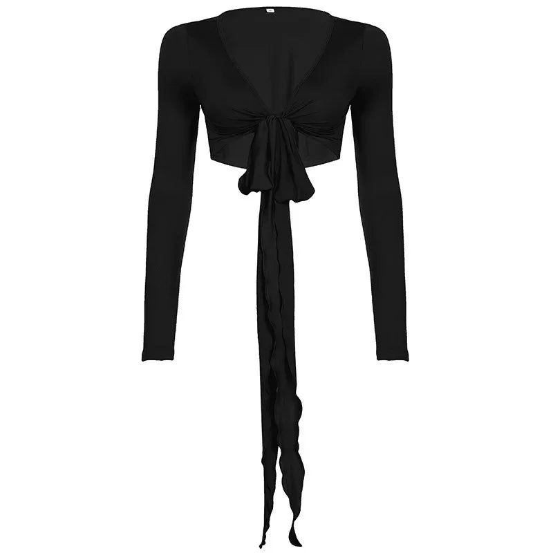 Pure Desire Strap Long-sleeved T-shirt Sexy Deep V-neck Short Blouse - Gizmo Galaxy