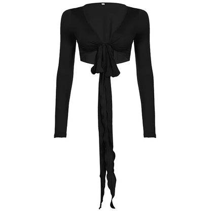 Pure Desire Strap Long-sleeved T-shirt Sexy Deep V-neck Short Blouse - Gizmo Galaxy