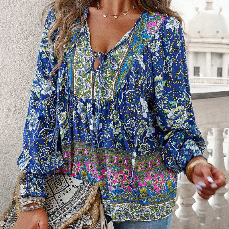 Wpmens Boho Chic Long Sleeve Blouse Floral Print V-Neck Top With Lace-Up & Drawstring Detail Elegant Vacation Shirt - Gizmo Galaxy