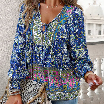 Wpmens Boho Chic Long Sleeve Blouse Floral Print V-Neck Top With Lace-Up & Drawstring Detail Elegant Vacation Shirt - Gizmo Galaxy