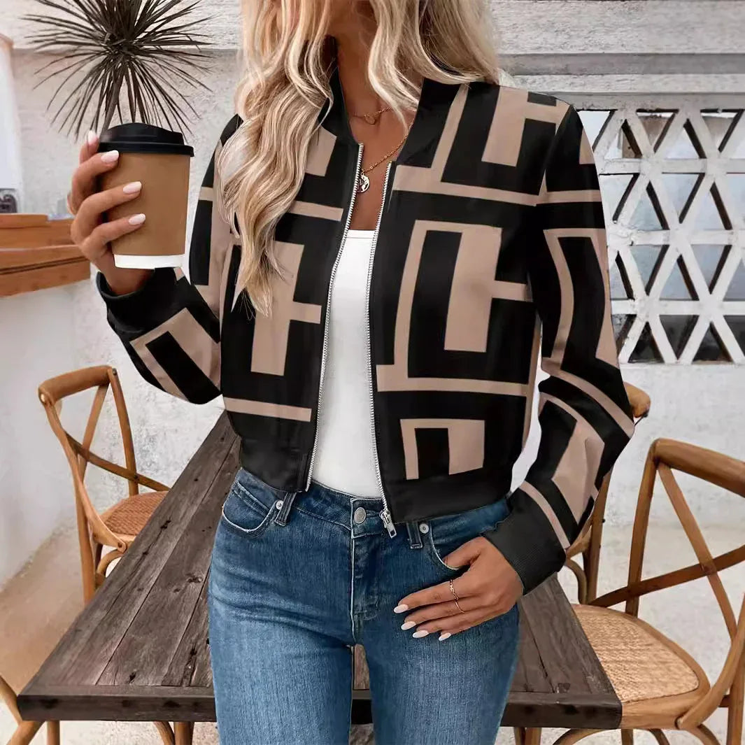 Women's Zipper Geometric Print Casual Long-sleeved Jacket - Gizmo Galaxy
